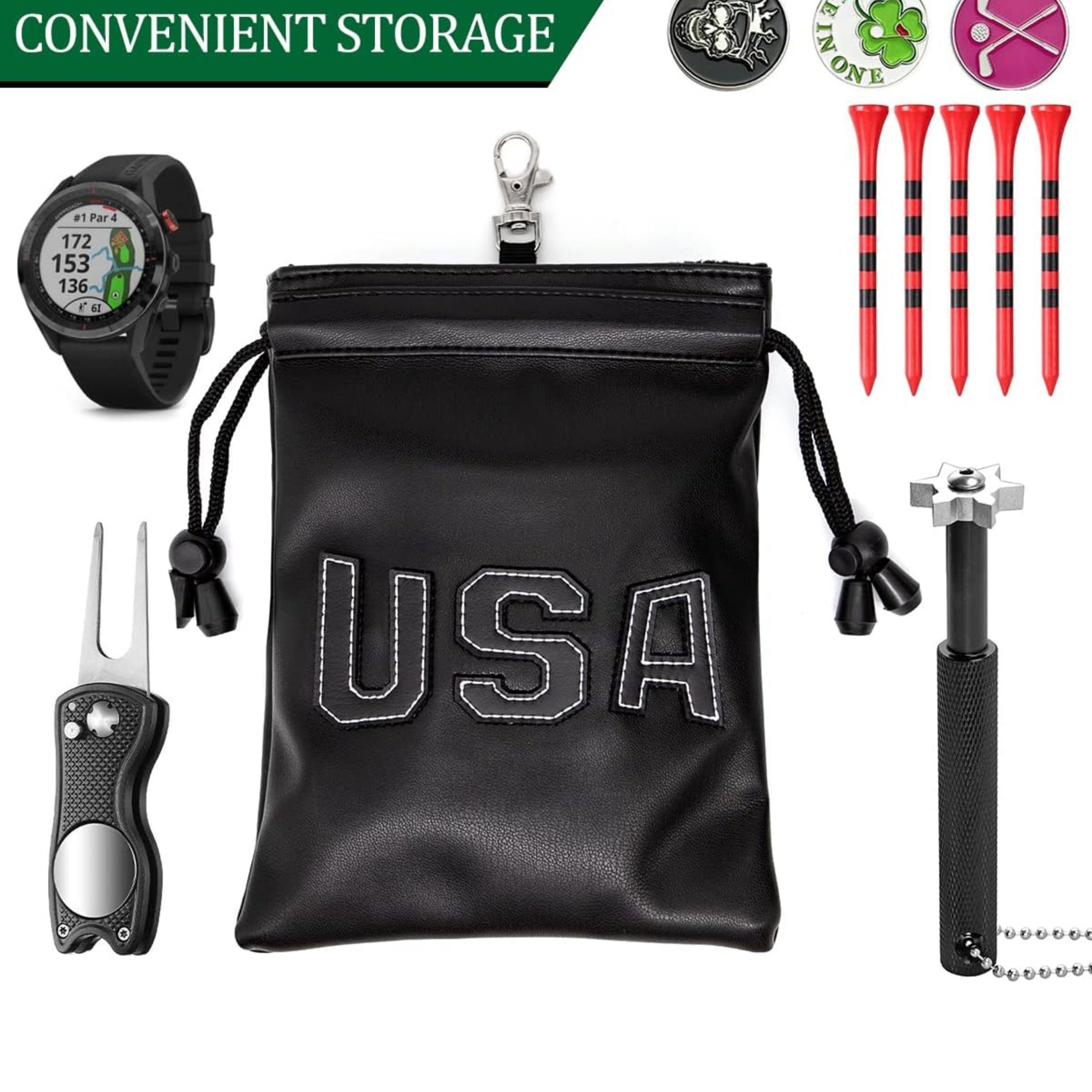 미국 디자인 PU 가죽 골프 티 파우치, 드로스트링 잠 - Golf Equipment Drawing 리뷰 및 가격